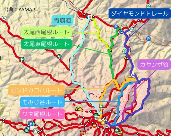 水越峠（北登山口）から登れるルートを示した地図