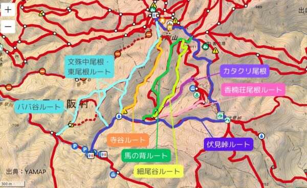 百ヶ辻（伏見峠林道入口、南登山口）から登れるルートを示した地図