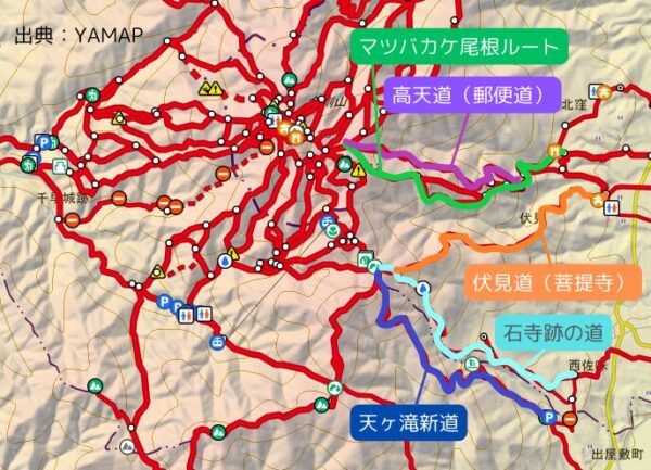 金剛山奈良県側登山口から登れるルートを示した地図