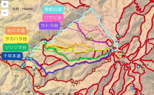 金剛登山口（西登山口）から登れるルートを示した地図