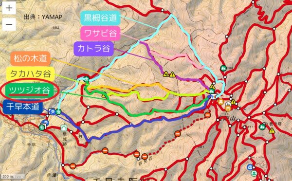 金剛山ツツジオ谷のルートマップ