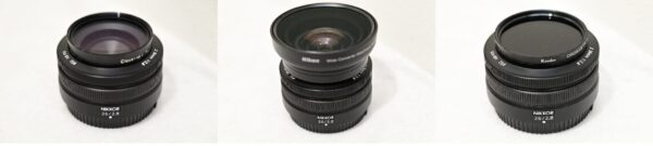 3つのZ26㎜F2.8に3種類のアタッチメントが付いた写真