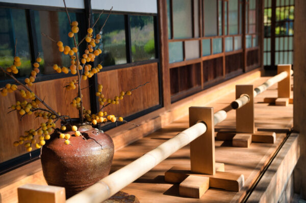 茅葺屋根の建物の縁側の画像